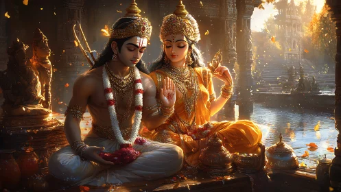 Radiant divine couple sharing a peaceful golden blessing.