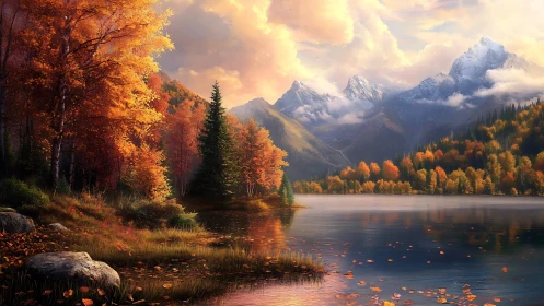 Autumn mountainside lake glows beneath storybook sunrise skies.