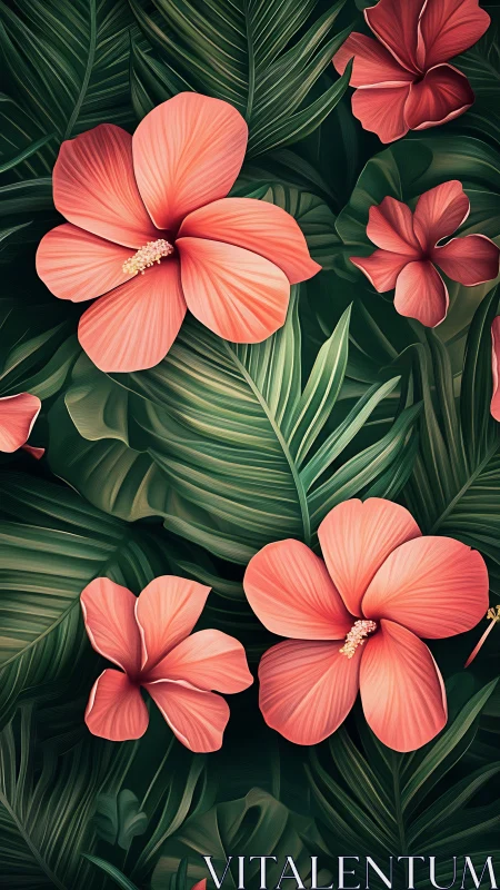 Tropical Blooms in Coral and Green.