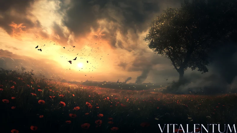 War-torn poppy field under dramatic ember-lit sunset sky.