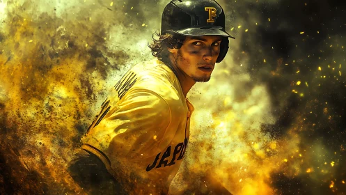 Baseball player emerges from golden dust in intense motion