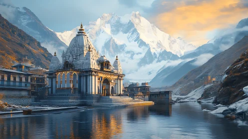 Majestic riverside temple rests quietly beneath glowing peaks