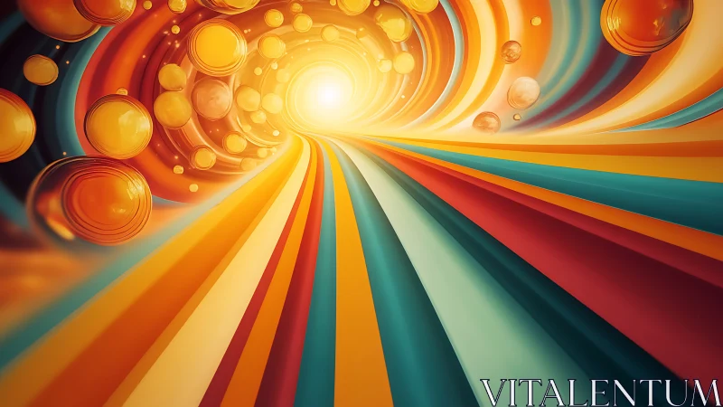Sunburst corridor of color spirals toward a glowing future portal