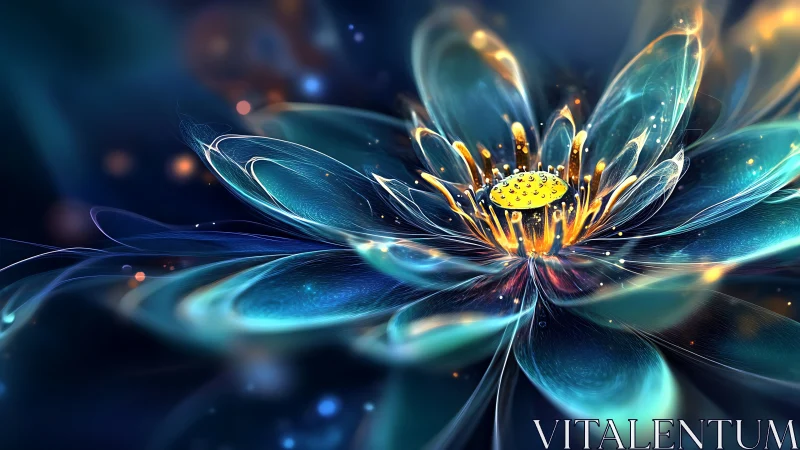 Luminous digital flower with glowing blue glass petals.