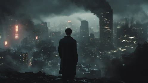 Lone figure surveys ruined cyberpunk city under smoke-heavy sky