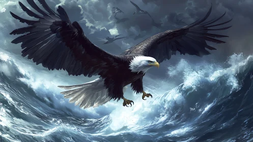 Majestic Bald Eagle Soaring Over Stormy Ocean in Digital Art.