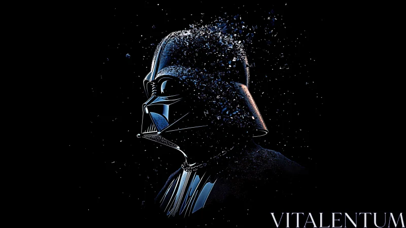 Shattered dark helmet in dissolving side-profile silhouette.