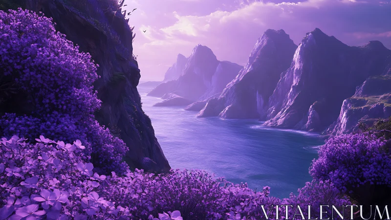 Purple Fjord Cliffscape with Blooming Violet Flora.