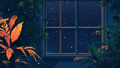Window with orange frame overlooks night sky and foliage