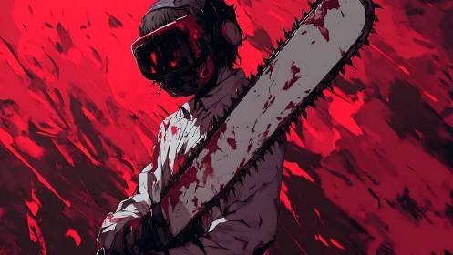 Bloodied VR-masked figure wielding chainsaw in red field