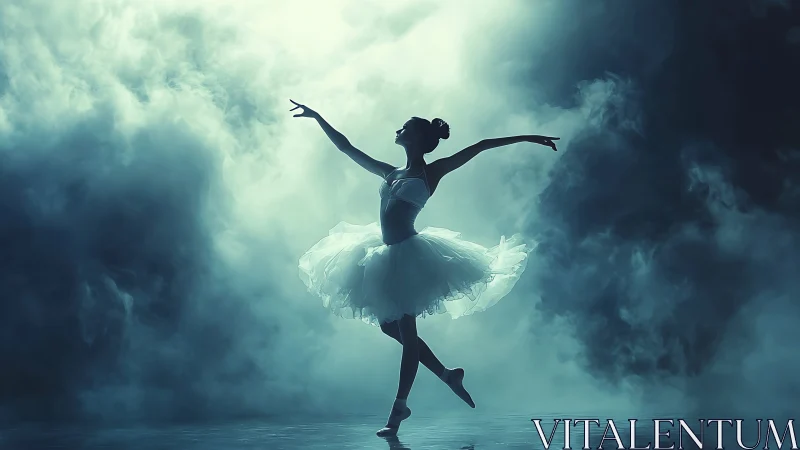 Ballet dancer stands en pointe amid dense atmospheric fog