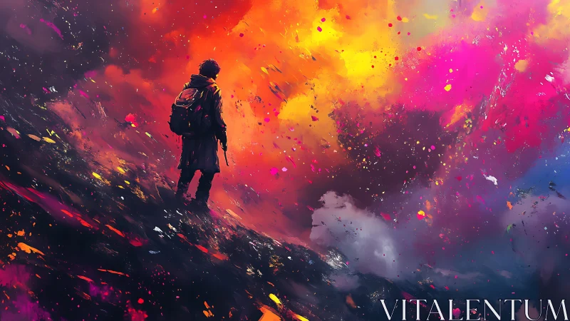 Chromatic stormfront with solitary hiker in dynamic ascent.