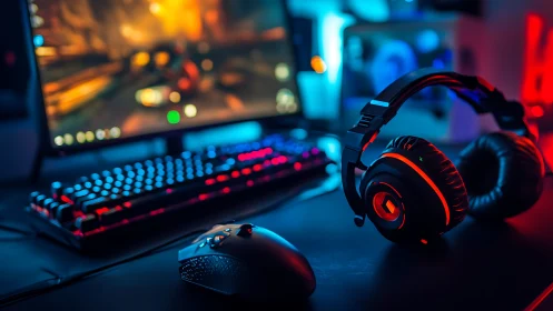 Neon lit gaming desk with cozy headset and glowing keys.