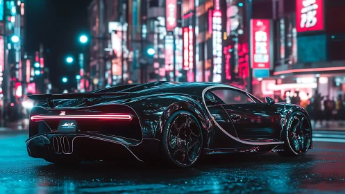 Hypercar rear profile under neon-lit wet urban streets at night