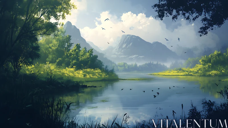 Luminous mountain lake landscape with verdant forest canopy.