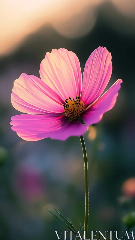 Pink Cosmos Flower Backlit at Golden Hour