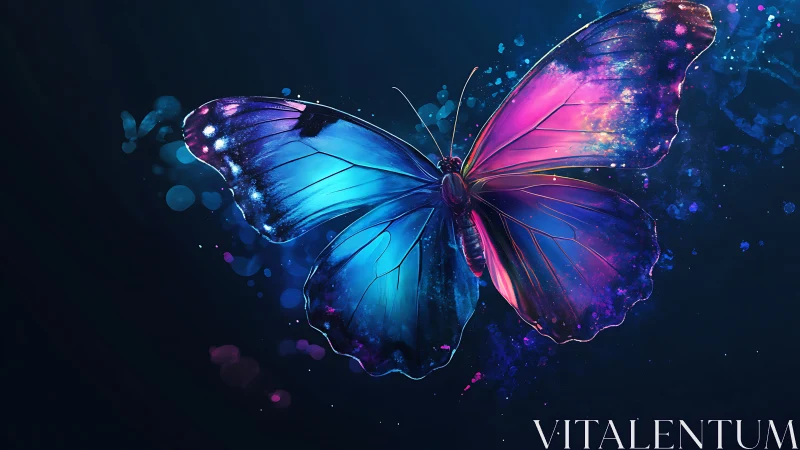 Vivid blue and pink butterfly on dark glowing background.