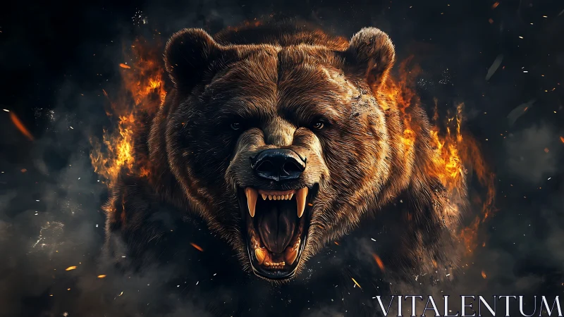Roaring bear emerges through fire and smoke with fierce energy