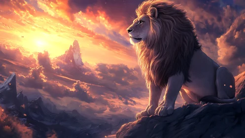 Majestic lion overlooks volumetric sunset above alpine clouds