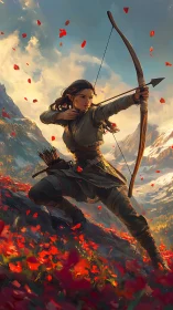 Female archer draws bow in red mountain valley landscape.
