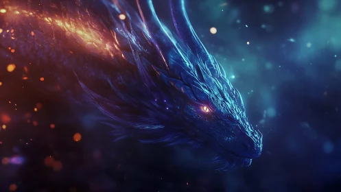 Glowing blue dragon emerges from cosmic embers in twilight