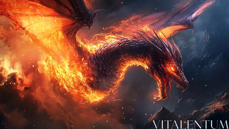 Infernal dragon erupting from molten storm sky.