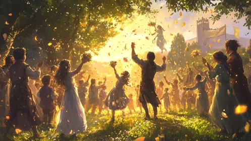 Village crowd celebrates floating woman in golden sunlight