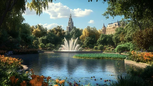 Sunlit palace garden with central lake fountain panorama.