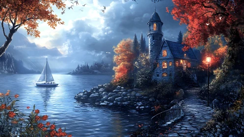 Lakeside stone cottage glows beneath autumn twilight sky.