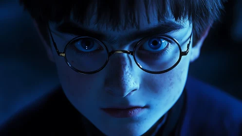 Young boy with round glasses stares forward in blue light