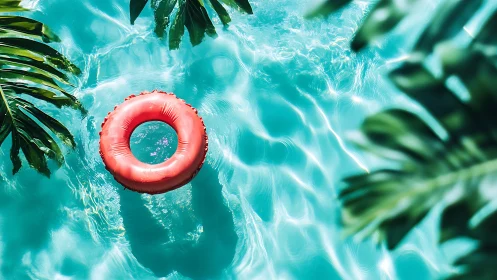 Bright red pool float ring in clear turquoise water.