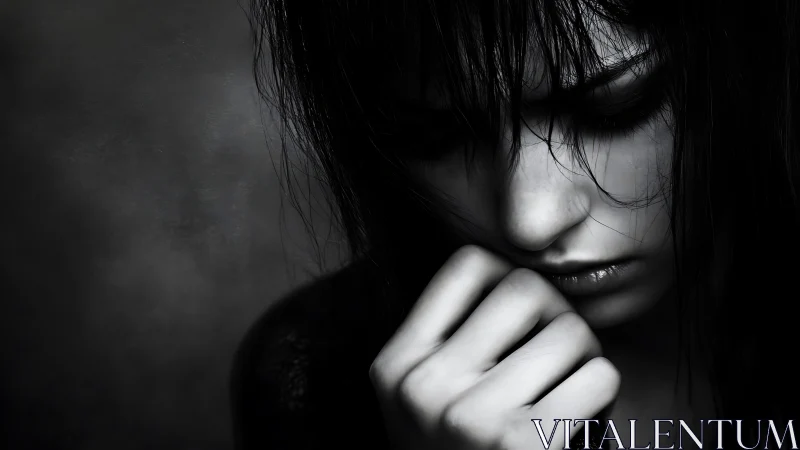 Melancholic portrait in deep shadow and quiet reflection.