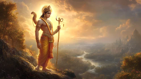 Golden-robed deity overlooking river and distant city.