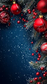 Red baubles hang on fir branches over dark blue background