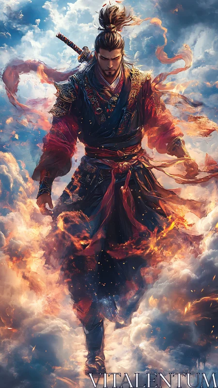 Fire-wreathed sky warrior in ornate lamellar with drawn katana