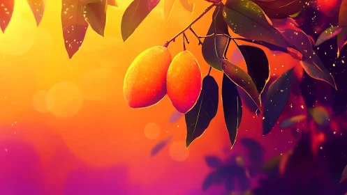 Sunset-ripe mangoes glow like lanterns in a painted orchard