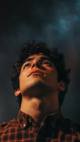 Upward gaze in cinematic low-key portrait lighting study.