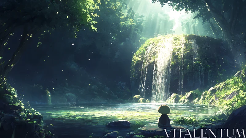 Volumetric Lighting Through Forest Canopy with Cascading Waterfall and Silhouetted Observer