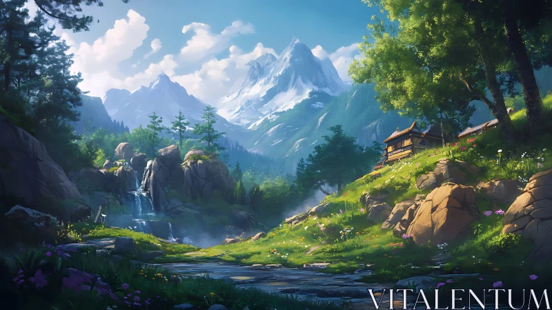 Mountain landscape shows waterfall, stream and hillside dwelling