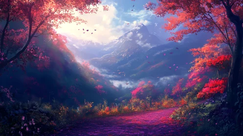 Crimson Forest Valley with Snowy Mountain Vista.