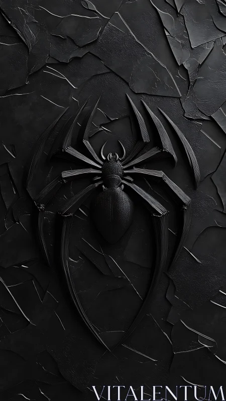 Black sculpted spider emblem over shattered slate texture.
