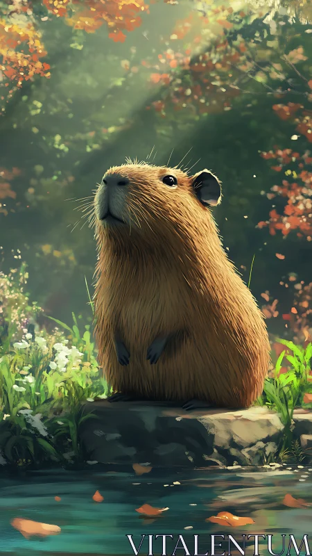 Capybara sitting by forest stream in warm sunlight.