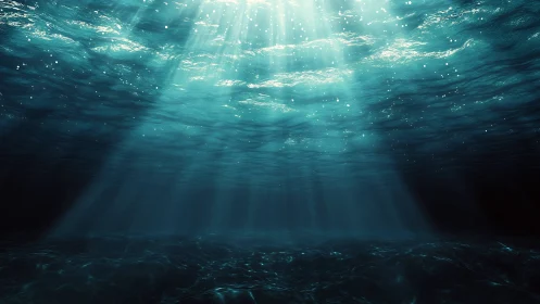 Submerged ocean surface with downward sunlight beams viewed below.