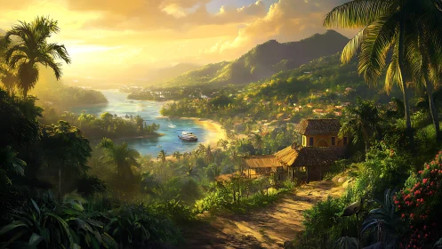 Golden Hour Tropical Valley Settlement Digital Landscape.