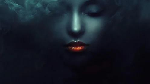Low-key portrait isolates luminous lips in volumetric blue haze