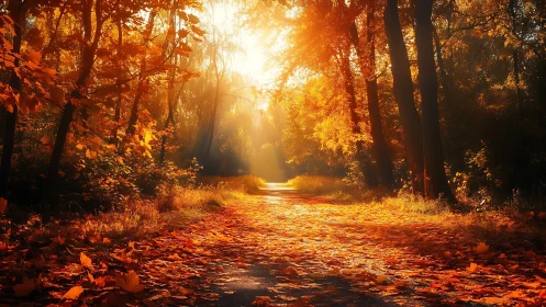 Sunlit autumn forest path glowing with golden leaves.