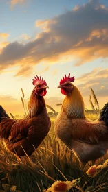 Two Roosters Greet the Golden Sunrise Together.