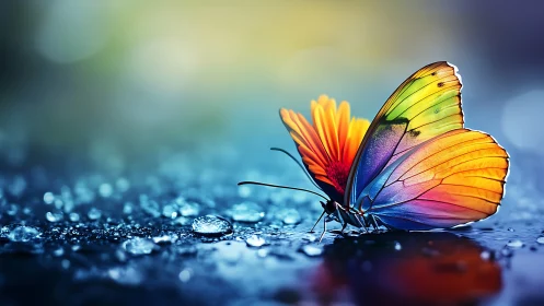 Rainbow butterfly rests on dewy surface in soft light.