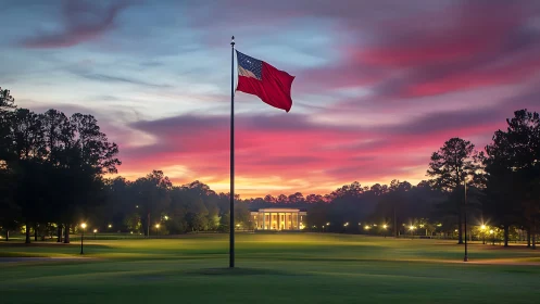 Flag on landscaped lawn before neoclassical building at dusk.