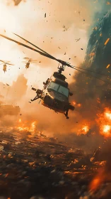 Military helicopters dive through burning urban warzone.